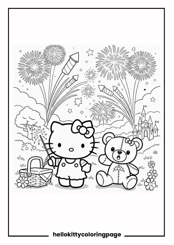 Kitty and Teddy Bear with Fireworks Rocket